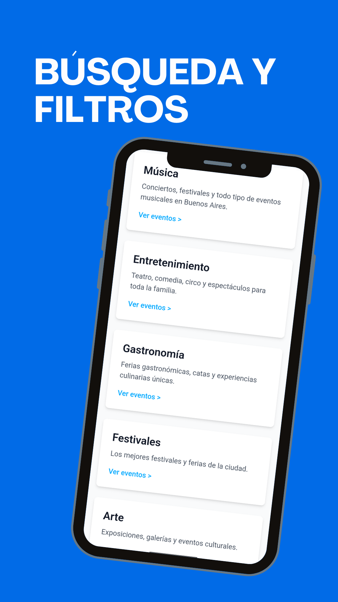 Pantallas de búsqueda y eventos en la app Vive Buenos Aires